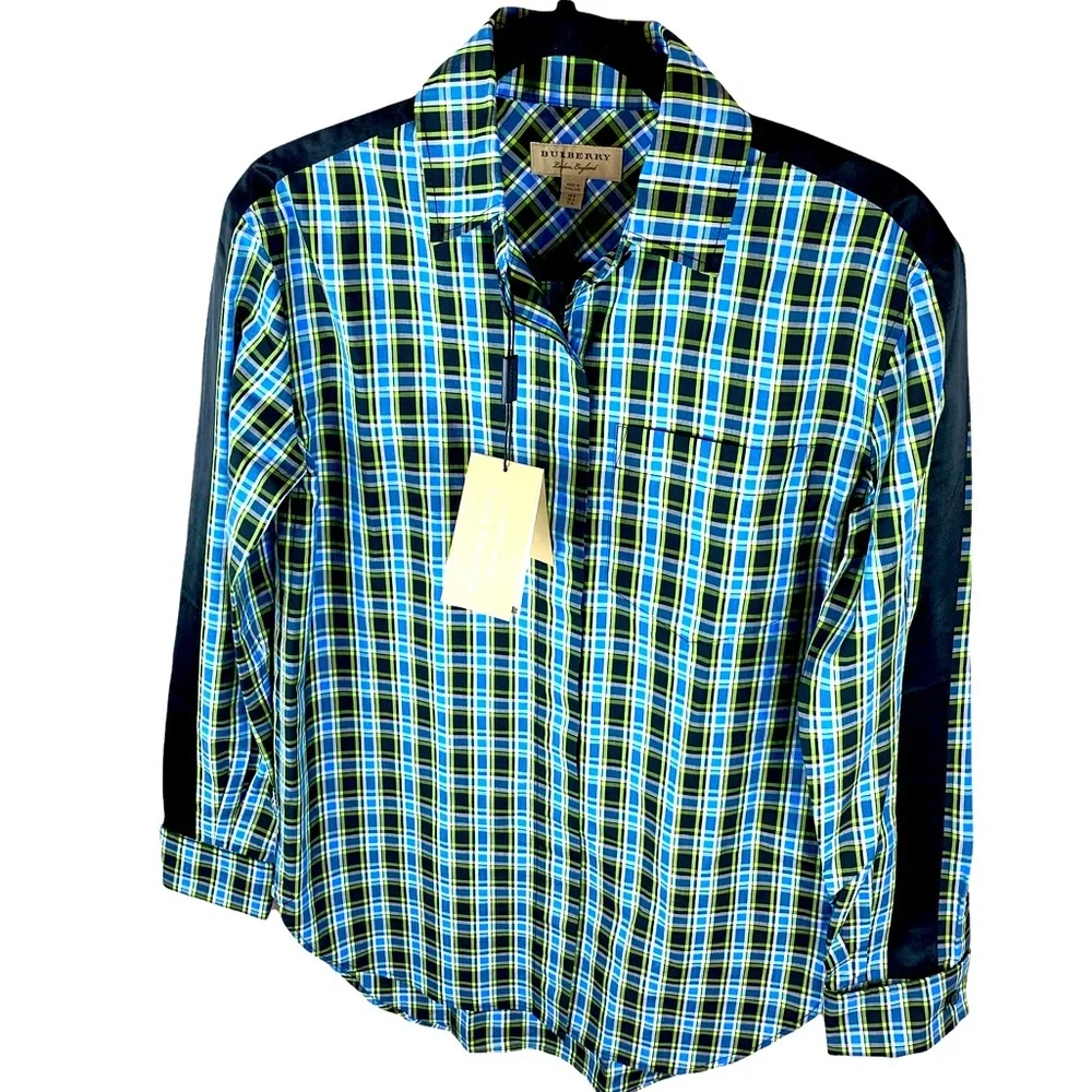 Burberry Saoirse Plaid Long Sleeve Silk Trim Button Shirt Azure Blue - Picture 5 of 16